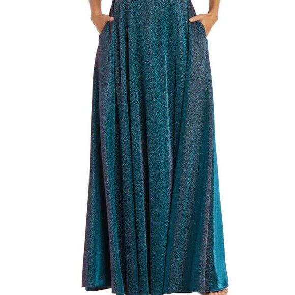 Morgan & Co Teal Caged Back Shimmer Gown - Picture 2 of 5